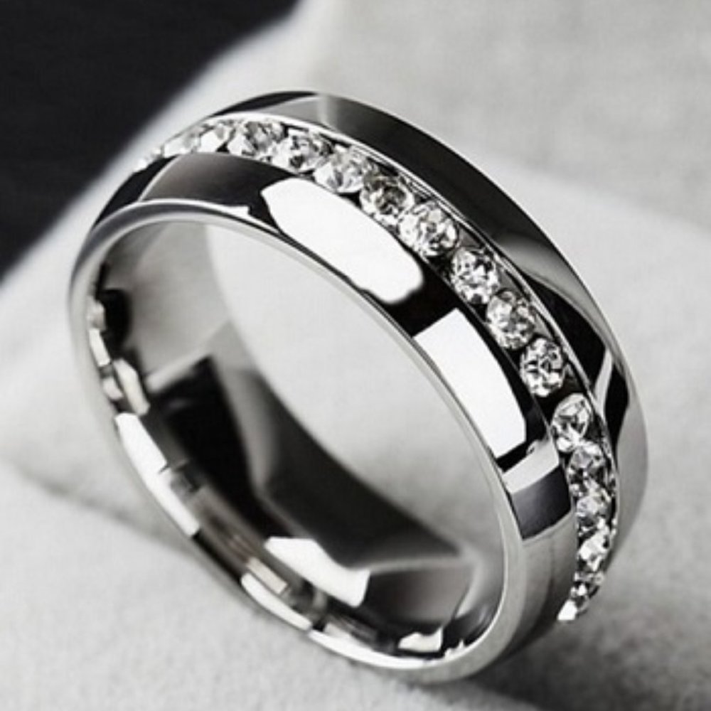 NEW Unisex SS 8MM CZ Wedding Band Ring